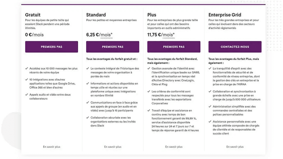 Grille de pricing Slack